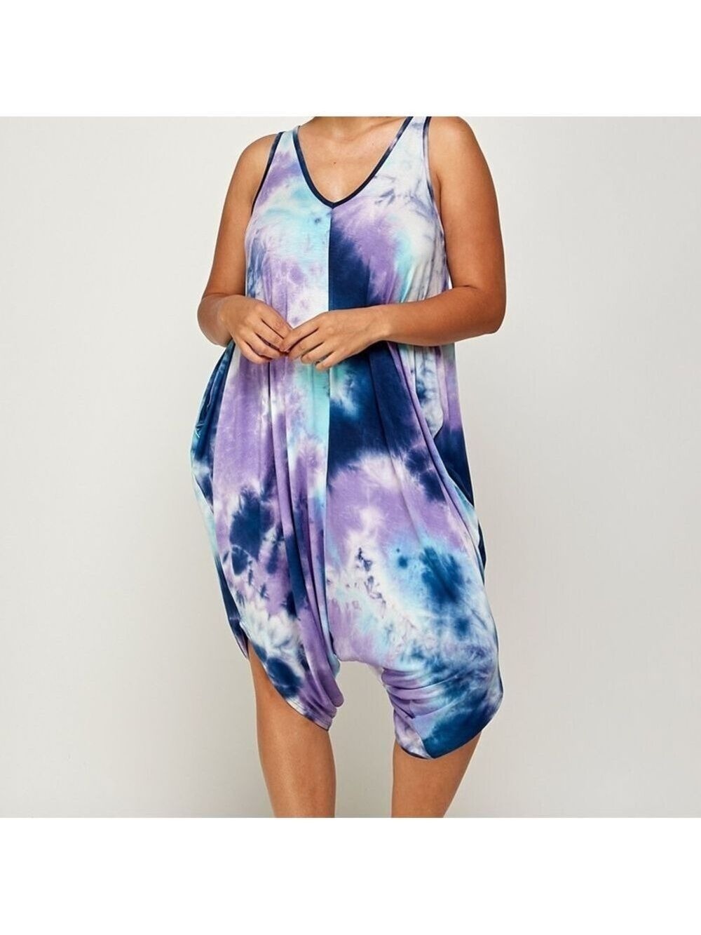 Vibrant Sleeveless Harem Tie-Dye Romper Plus Sizes